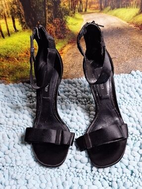 White House Black Market Black Satin Ankle-Strap Bow Heels